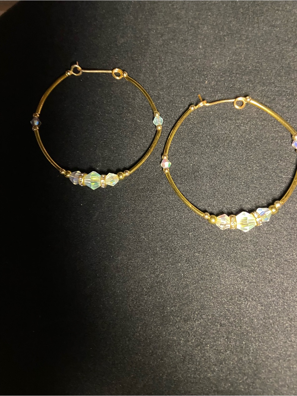 Gold-Tone Crystal Hoop Earrings - Iridescent Bead Accent Y2K